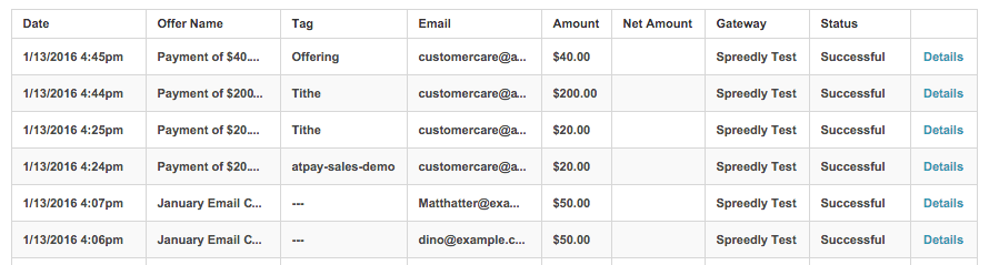 Screen shot of sample donation information in an @Pay dashboard