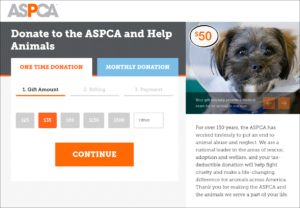 The ASPCA features their donation button prominently on their giving page, along with high-quality images and donation options.