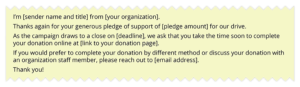 Sending reminder messages that include all the important information is essential for collecting fundraising pledges.