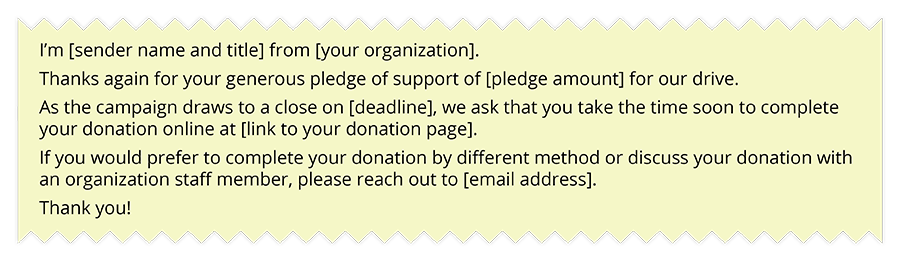 I'm (sender name and title) from (your organization). Thanks again for your generous pledge of support of (pledge amount) for our drive. As the campaign draws to a close on (deadline), we ask that you take the time soon to complete your donation online (link to your donation page). If you would prefer to complete your donation by a different method or discuss your donation an organization staff member, please reach out to (email address). Thank you!