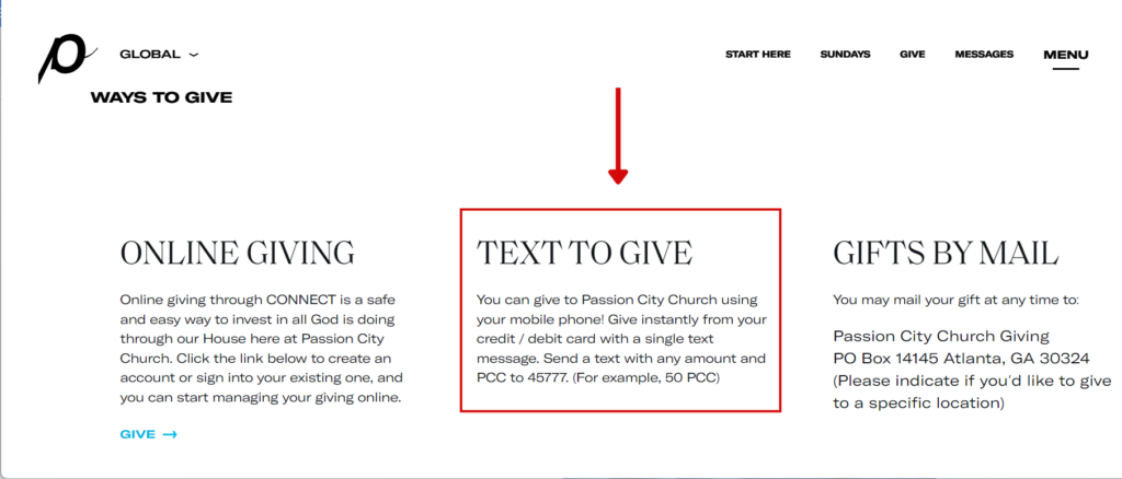 This image shows Passion City Church’s fundraising page, which offers a text-to-donate optio