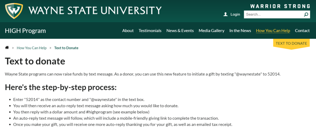 This image shows the text-to-donate page for Wayne State University.