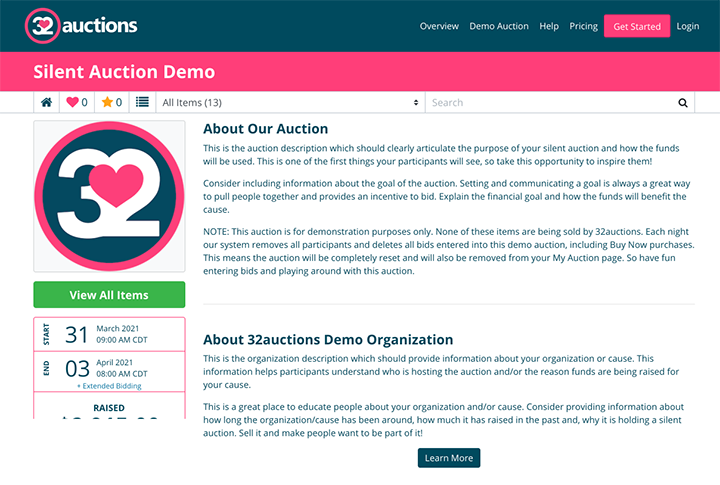 Here's an example of 32auction's charity auction site.