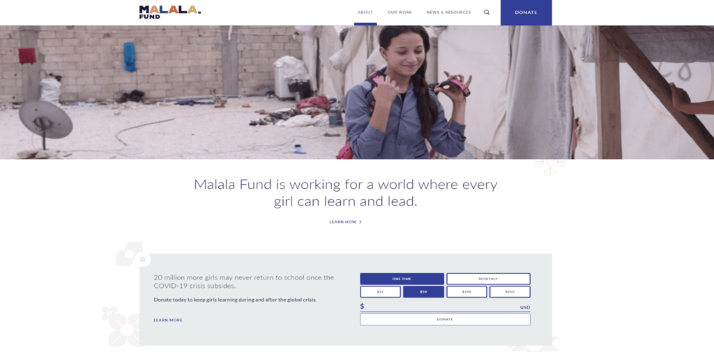 The Malala Fund site is vibrant and beautifully exemplifies their mission.