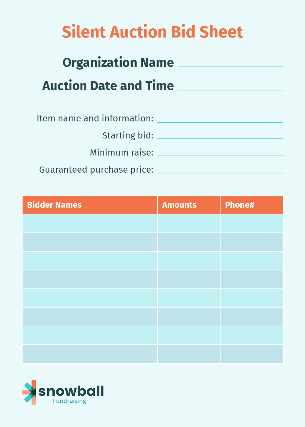 A silent auction bid sheet with labels for each field.
