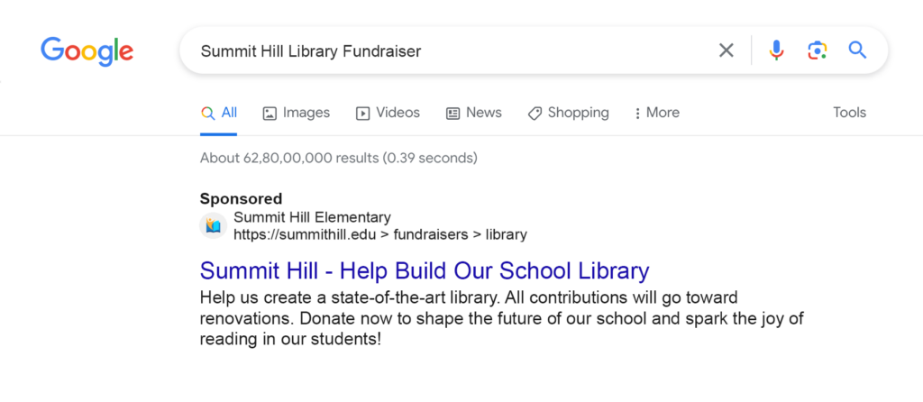 A mockup of a Google Ad for a fundraiser for a school library