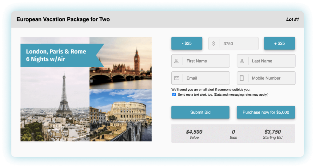 A virtual bid sheet for a European vacation package for two people