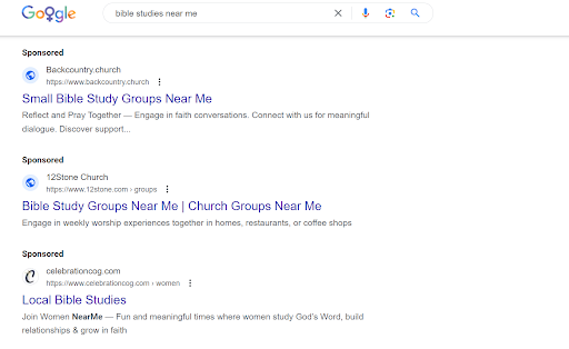 A screenshot of a Google search results page for bible studies with several sponsored ads at the top of the page.